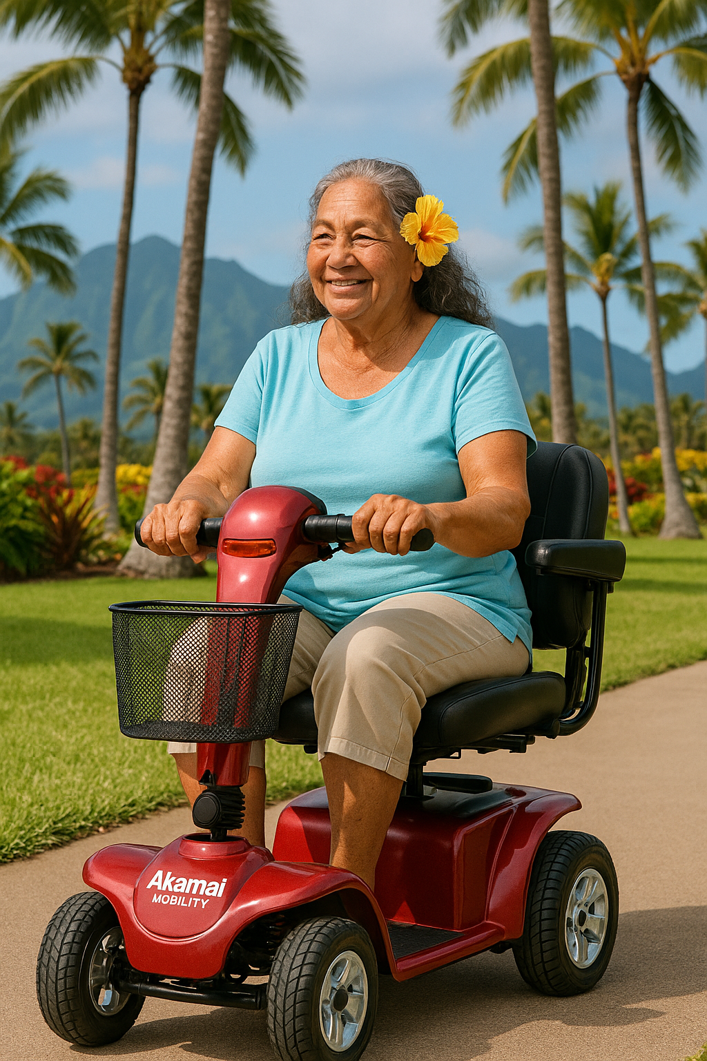 Elderly woman with a hibiscus flower in her hair rides a red heavy-duty Akamai Mobility scooter through Waikoloa’s tropical resort paths on the Big Island of Hawaii.