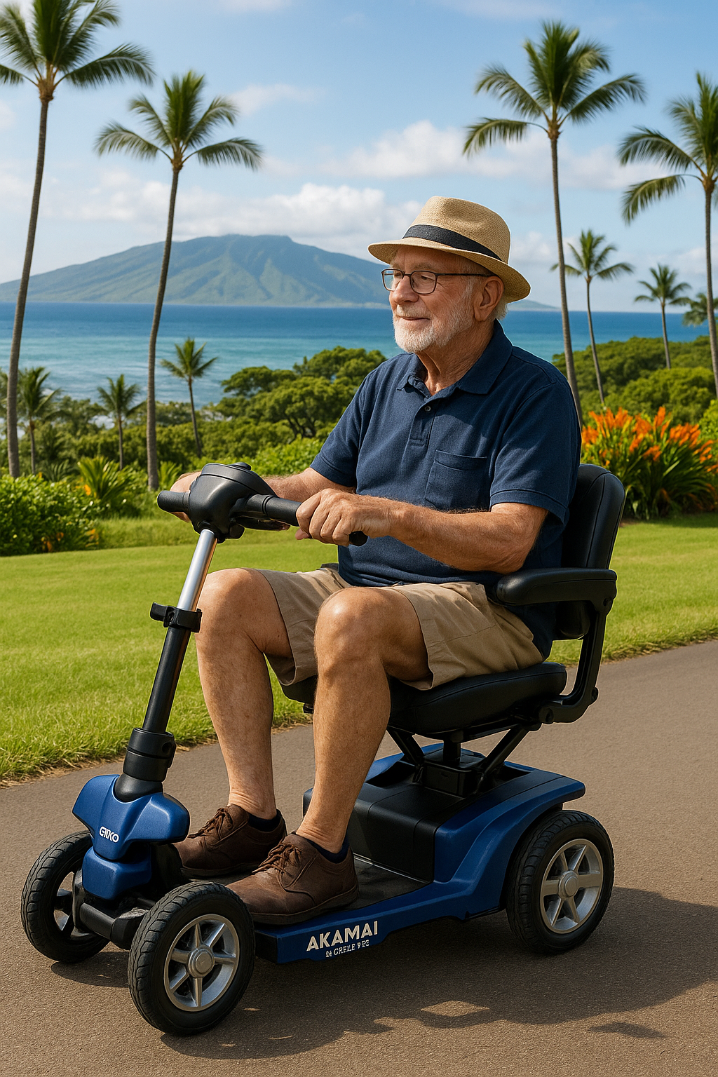 Senior man in a straw hat rides a blue lightweight Akamai Mobility scooter overlooking the ocean in Kailua-Kona, Big Island Hawaii.