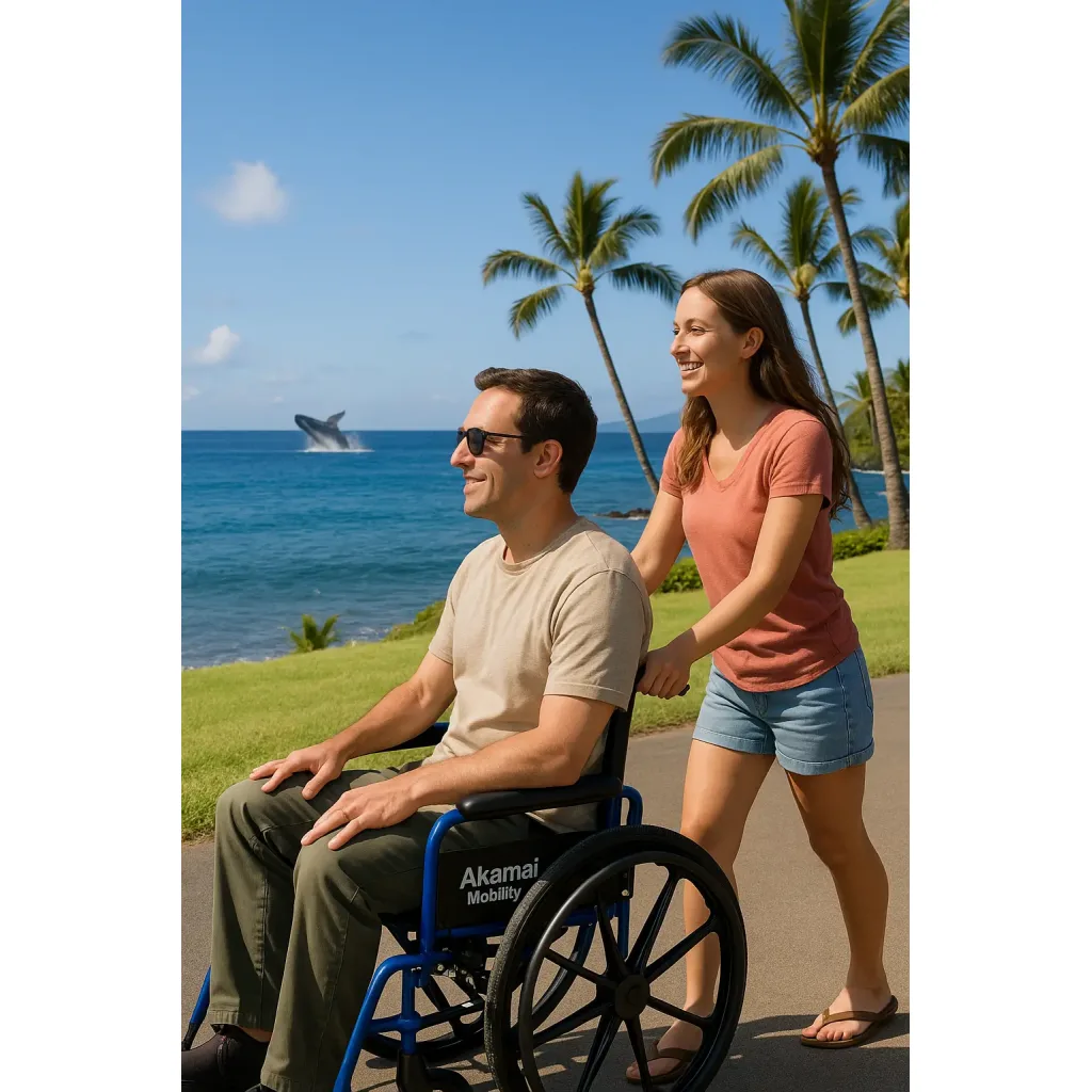 Man in an Akamai Mobility manual wheelchair enjoys Lahaina’s oceanfront views with a whale breaching in the distance, pushed by a smiling woman.