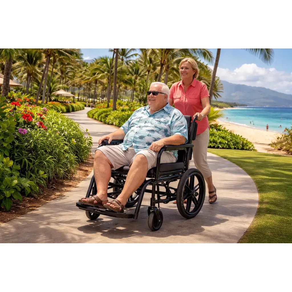 XL bariatric transport chair being pushed by a companion along a resort walkway near the beach.