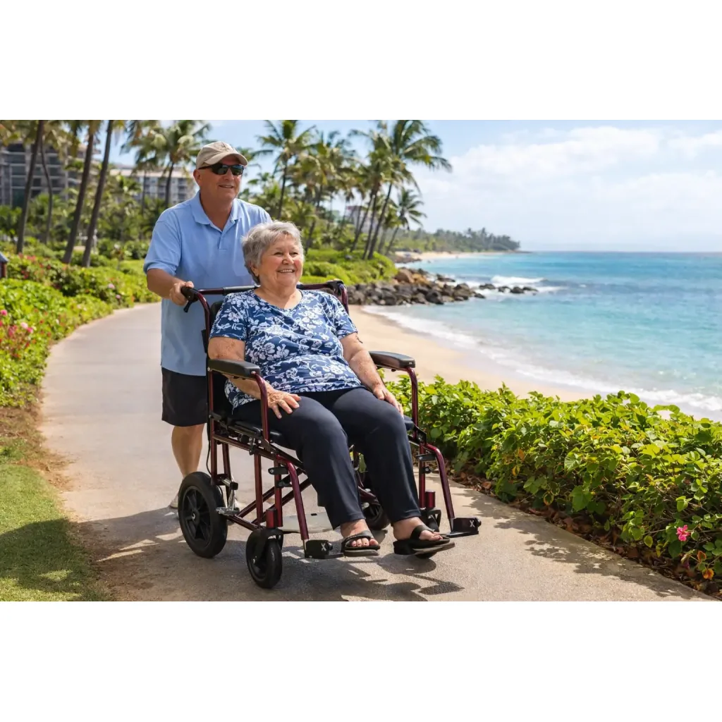 This XL bariatric transport chair rental is designed for guests who prefer assisted mobility. Lightweight yet reinforced, it is easy for companions to push along resort paths, boardwalks, and paved beach walkways throughout Maui and the Big Island.