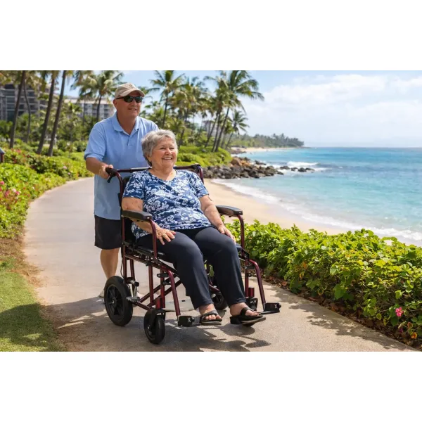 This XL bariatric transport chair rental is designed for guests who prefer assisted mobility. Lightweight yet reinforced, it is easy for companions to push along resort paths, boardwalks, and paved beach walkways throughout Maui and the Big Island.
