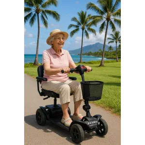 Golden Technologies mobility scooter rental along the Wailea Beach Walk in Maui