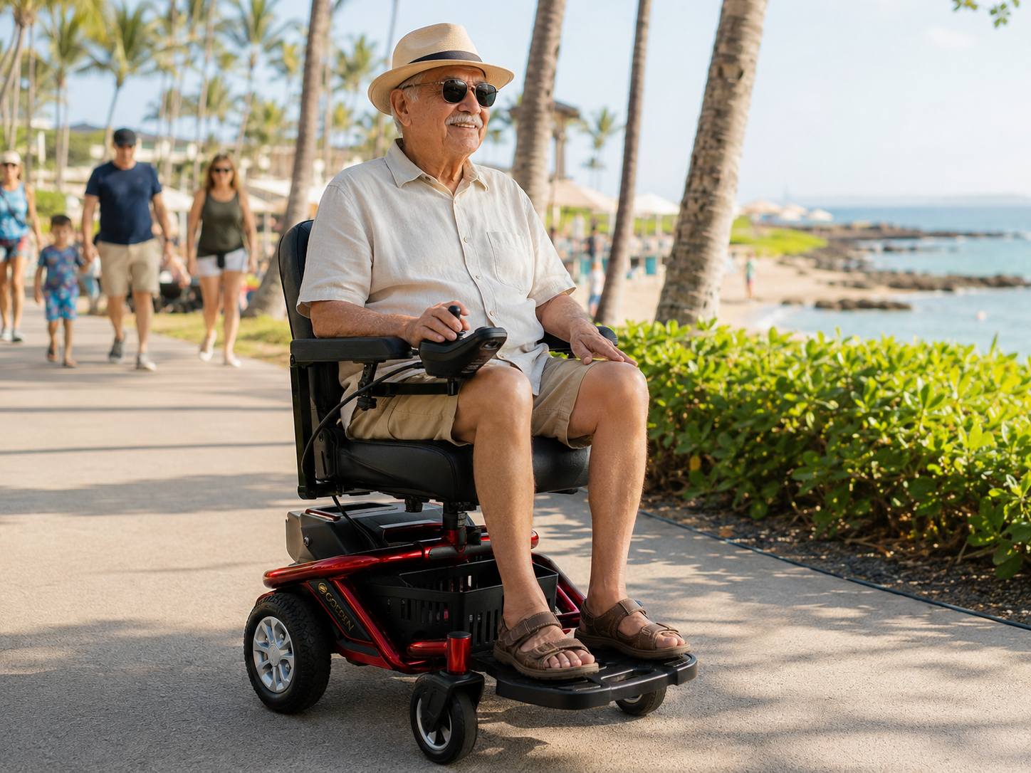 DME power wheelchair, ridden by old male person, across big island hawaii