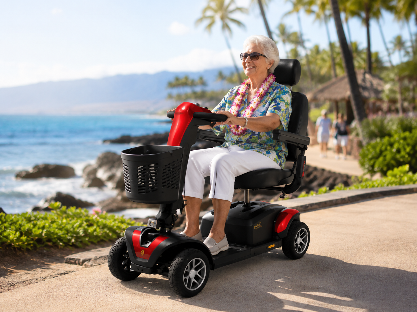 DME mobility scooter, ridden by old person, across maui hawaii