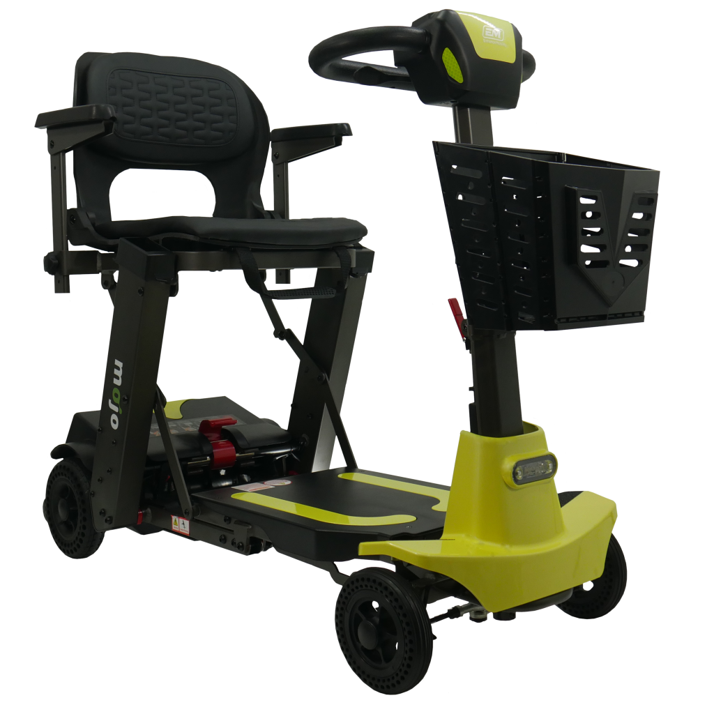 MOJO foldable mobility scooter in yellow and black, shown in open position with durable frame and cushioned seat.