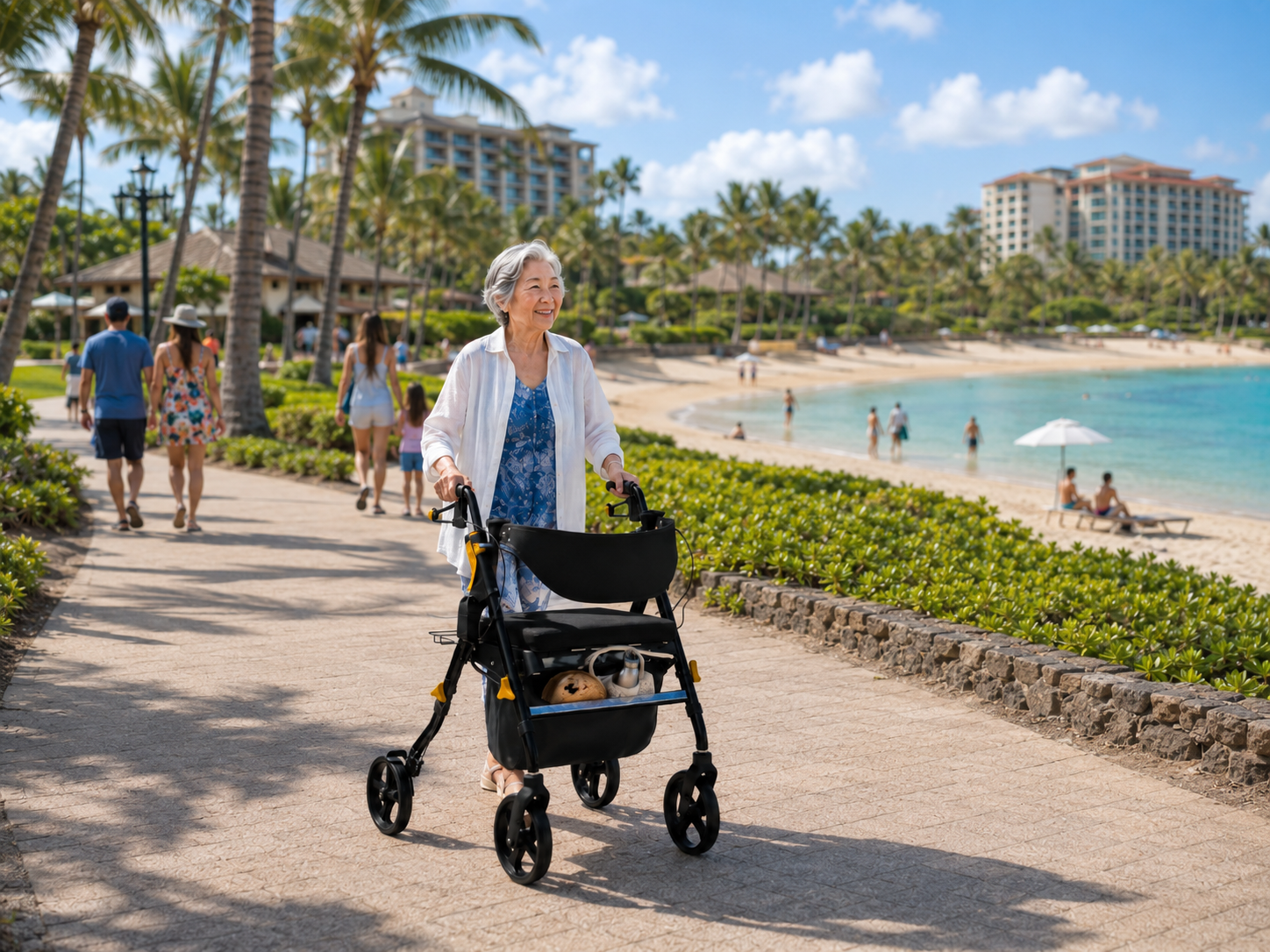 DME walker rollator, ridden by old person, across oahu hawaii