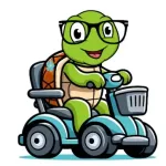 Home Akamai Mobility turtle mascot riding a mobility scooter – representing mobility rentals on Maui and the Big Island.