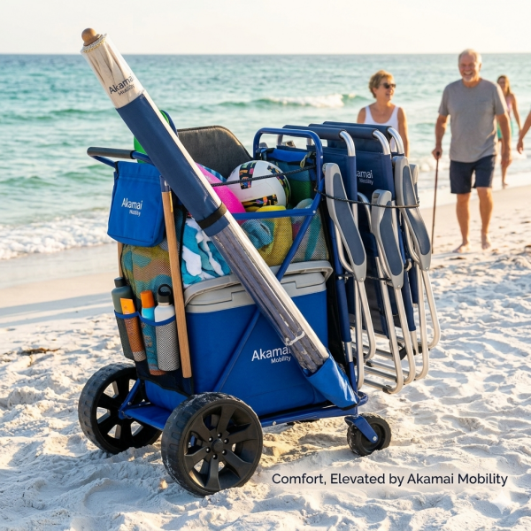 Blue heavy-duty beach cargo cart loaded with two tall-seated aluminum beach chairs and a large umbrella on a sunny Maui beach with the ocean in the background.
