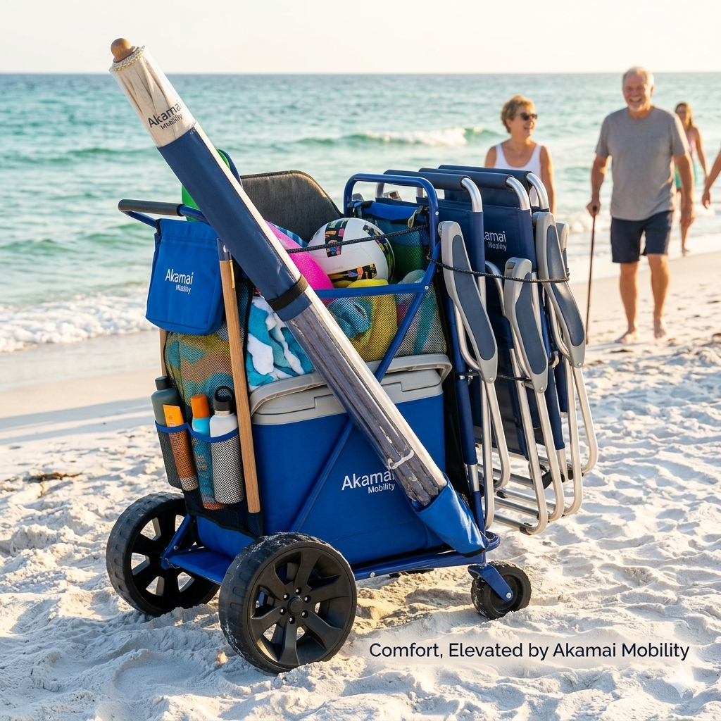 The Easy-Out Setup: Sit Tall, Relax Easy Blue heavy-duty beach cargo cart loaded with two tall-seated aluminum beach chairs and a large umbrella on a sunny Maui beach with the ocean in the background.