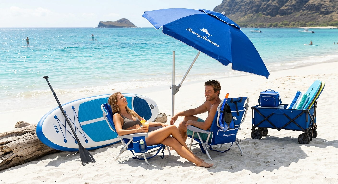 Maui Action Pack: Gear Up. Get In. A smiling couple relaxing in blue Tommy Bahama beach chairs on a Maui beach, surrounded by an inflatable stand-up paddleboard, snorkel gear, boogie boards, a beach umbrella, and a loaded cargo wagon.
